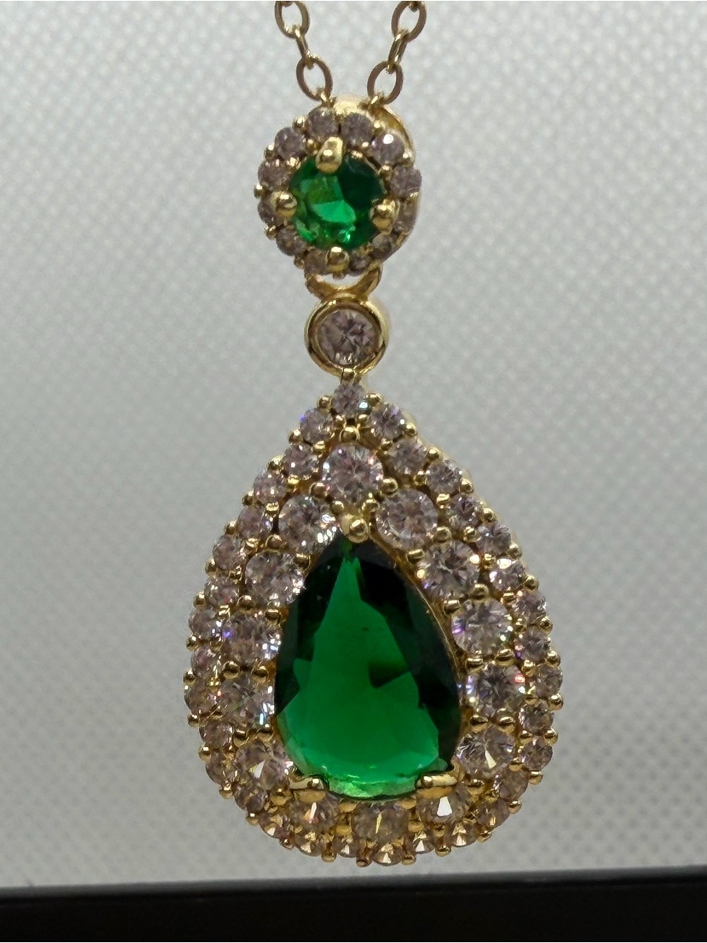 Gold Teardrop Necklace with Emerald Green Teardrop Stone and Crystal Halo